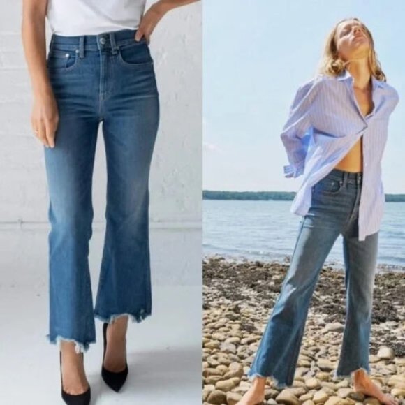 AYR Jean Namaste Flare Wide Mid Rise Distress Fray Hem Blue Denim Stretch - Picture 1 of 13